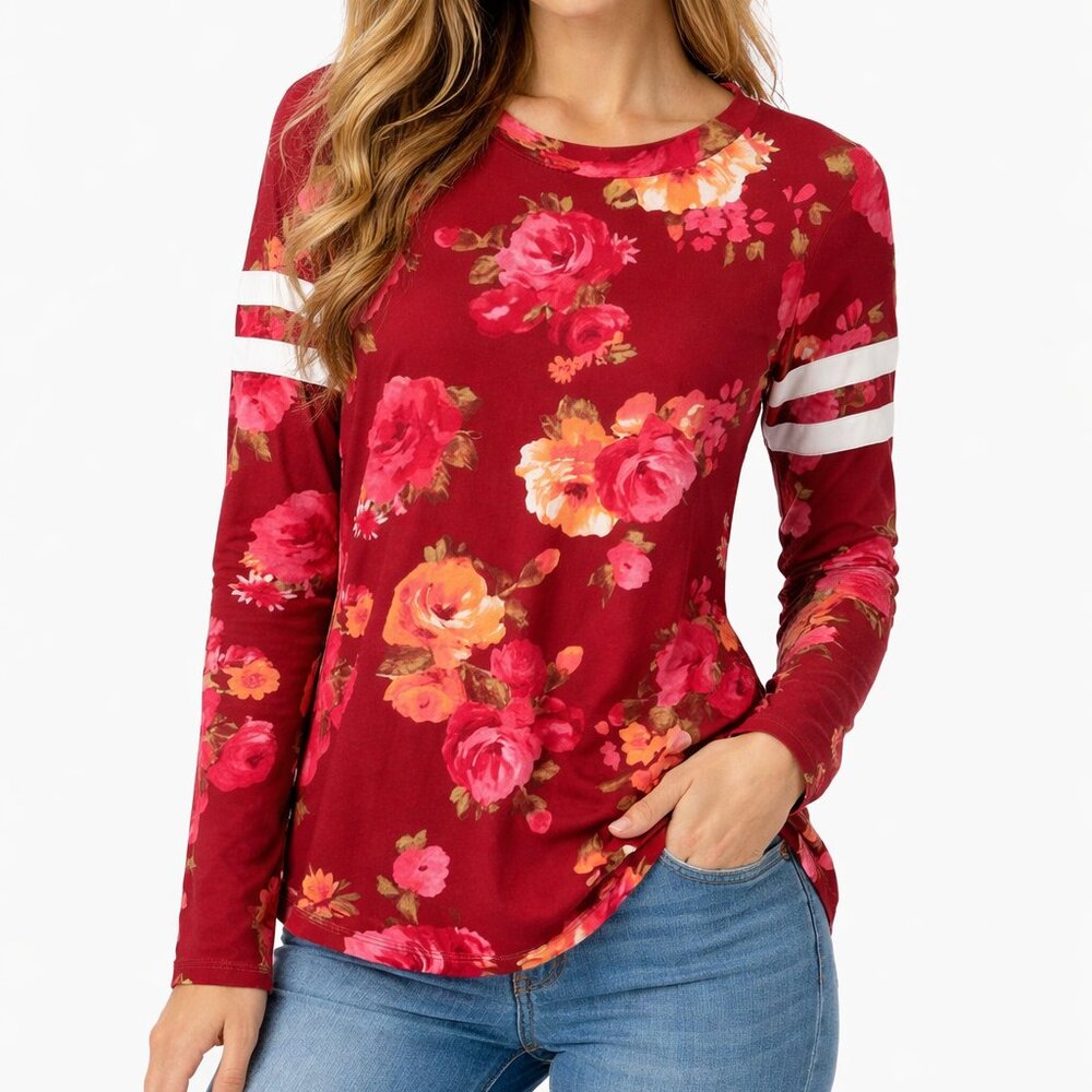 No boundaries red floral top shirt long sleeve Tee size XL